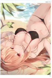 Rule 34 | 1girl, absurdres, artist name, bare arms, bare shoulders, bikini, bikini pull, black bikini, blonde hair, blush, breasts, caustics, closed mouth, clothes pull, fingernails, hair between eyes, halterneck, highres, knees together feet apart, kujou ichiso, large breasts, leaf, lips, long hair, looking at viewer, lying, on back, page number, partially submerged, red eyes, scan, shiny skin, shore, smile, solo, swimsuit, thighs, toranoana, water