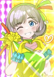 Rule 34 | 1girl, absurdres, blue eyes, blush, choker, collarbone, commentary request, dress, gloves, green choker, green dress, green hairband, grey hair, hairband, heart, heart hands, highres, looking at viewer, love live!, love live! superstar!!, multicolored clothes, multicolored dress, one eye closed, rinon42600, scrunchie, short hair, smile, solo, tang keke, tokonatsu sunshine, upper body, wrist scrunchie, yellow dress, yellow gloves