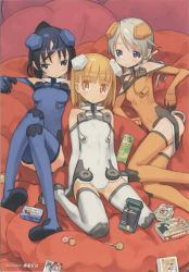 Rule 34 | 00s, 3girls, :o, absurdres, ahoge, arm support, artist name, ass, ass cutout, bare shoulders, blue eyes, blue hair, blue thighhighs, blunt bangs, blush, book, boots, brand name imitation, breasts, candy, chestnut mouth, chips (food), clothing cutout, elbow gloves, flat chest, food, gloves, hair ornament, hair ribbon, halterneck, high ponytail, highres, ichijou eika, knees together feet apart, knees up, kuroboshi kouhaku, leotard, light smile, lollipop, long hair, looking at viewer, low twintails, lying, motionslit, multiple girls, on back, on side, open mouth, orange eyes, orange hair, orange legwear, parted bangs, pillow, pocky, ponytail, potato chips, pringles, ribbon, sakurano otoha, scan, short hair, silver hair, sitting, sky girls, small breasts, smile, sonomiya karen, thigh boots, thighhighs, turtleneck, twintails, wariza, white legwear, zettai ryouiki