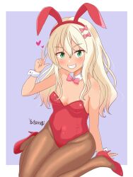 Rule 34 | 1girl, alternate costume, animal ears, blonde hair, bow, bowtie, breasts, brown pantyhose, cleavage, detached collar, fake animal ears, grecale (kancolle), green eyes, grey background, grin, hair ornament, hairclip, kantai collection, leotard, long hair, pantyhose, pink bow, pink bowtie, playboy bunny, rabbit ears, red leotard, sitting, small breasts, smile, solo, tan, two-tone background, wariza, wavy hair, wrist cuffs, yatsurugi