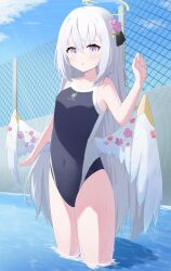 Rule 34 | 1girl, absurdres, azusa (blue archive), bare shoulders, blue archive, blue one-piece swimsuit, blue sky, blush, breasts, commentary request, covered navel, day, feathered wings, fence, halo, hand up, highres, icetea (8862), long hair, one-piece swimsuit, open mouth, outdoors, purple eyes, school swimsuit, sky, small breasts, solo, swimsuit, thighs, very long hair, wading, white hair, white wings, wings, yellow halo