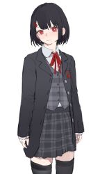 Rule 34 | 1girl, absurdres, aochoku, arms at sides, black hair, black jacket, black skirt, black thighhighs, blazer, bright pupils, closed mouth, collared shirt, cowboy shot, earrings, grey vest, hair ornament, hairclip, highres, jacket, jewelry, looking at viewer, neck ribbon, original, red hair, red ribbon, ribbon, shirt, shirt tucked in, short sleeves, sidelocks, simple background, skirt, solo, thighhighs, vest, white pupils, white shirt