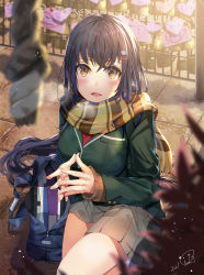 Rule 34 | 1girl, bag, black hair, blazer, blurry, blurry foreground, blush, book, breasts, breath, brown eyes, bush, crossed bangs, enpera, green jacket, grey skirt, hair ornament, hairclip, heart, highres, jacket, large breasts, long hair, looking at viewer, on one knee, open mouth, original, outdoors, own hands together, pleated skirt, railing, renka (renkas), scarf, school bag, school uniform, signature, skirt, solo, striped clothes, striped scarf, sweater, very long hair