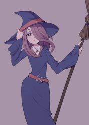 Rule 34 | 1girl, belt, breasts, broom, grey background, hair over one eye, half-closed eyes, hat, little witch academia, pink hair, simple background, solo, sucy manbavaran, witch hat
