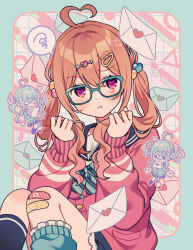 Rule 34 | 1girl, :t, absurdres, ahoge, amagi hana, bandaid, bandaid on knee, bandaid on leg, blue background, border, bow, brown hair, cardigan, chibi, chibi inset, commentary request, feet out of frame, glasses, green-framed eyewear, green bow, hair bobbles, hair ornament, hairclip, heart, heart ahoge, highres, knees up, letter, looking at viewer, original, patterned background, pink cardigan, pink eyes, pout, single leg warmer, single sock, socks, spoken squiggle, squiggle, striped, striped bow, twintails