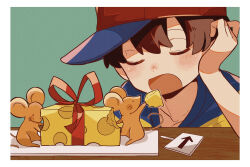Rule 34 | 1boy, baseball bat, baseball cap, black hair, cheese, closed eyes, food, haru-cho, hat, highres, male focus, mother (game), mother 2, mouse (animal), ness (mother 2), nintendo, open mouth, ribbon-trimmed bow, shirt, short hair, striped clothes, striped shirt, table