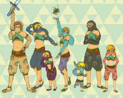 Rule 34 | 6+boys, bare shoulders, blonde hair, brown hair, closed eyes, crossed arms, detached sleeves, gerudo set (zelda), grey hair, hands on own hips, korok, link, male focus, mask, master sword, midriff, mouth mask, multiple boys, multiple persona, navel, nintendo, parted bangs, shorts, smile, strapless, the legend of zelda, the legend of zelda: a link between worlds, the legend of zelda: breath of the wild, the legend of zelda: ocarina of time, the legend of zelda: skyward sword, the legend of zelda: the wind waker, the legend of zelda: twilight princess, toon link, triforce, tube top, usushira, veil, young link