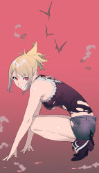 Rule 34 | 1girl, animal print, ankle boots, arm support, bat (animal), bat print, black footwear, black shirt, blonde hair, boots, breasts, camisole, commentary, cutoffs, from side, grey shorts, grin, henken, highres, leaning forward, looking at viewer, medium breasts, original, red background, red eyes, shirt, short hair, short ponytail, short shorts, shorts, sienna (henken), smile, solo, squatting, swept bangs, torn clothes, torn shirt