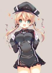 Rule 34 | 10s, 1girl, anchor choker, anchor hair ornament, bad id, bad nicoseiga id, beige background, black hat, black skirt, blonde hair, blush, breasts, buttons, covered navel, cowboy shot, cross, eyebrows, gloves, green eyes, hair between eyes, hair ornament, hat, impossible clothes, impossible shirt, iron cross, kantai collection, long hair, long sleeves, looking at viewer, microskirt, military, military uniform, p19, peaked cap, prinz eugen (kancolle), shirt, simple background, skin tight, skirt, solo, standing, tareme, translated, twintails, underbust, uniform, white gloves