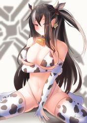 Rule 34 | 1girl, alternate costume, animal ears, animal print, arm under breasts, azur lane, bare shoulders, bell, black hair, blush, breasts, character name, choker, cleavage, closed mouth, collarbone, cow ears, cow horns, cow print, cowbell, ear tag, elbow gloves, eyes visible through hair, gloves, hair between eyes, hand on floor, highleg, highleg panties, highres, horns, kneeling, large breasts, long hair, looking at viewer, multicolored clothes, multicolored hair, multicolored legwear, navel, ntk nartaku, panties, purple eyes, signature, smile, solo, streaked hair, thighhighs, thighs, u-47 (azur lane), underwear, white hair