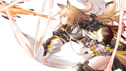 Rule 34 | 1girl, animal ears, arknights, belt, boots, ceobe (arknights), cowboy shot, dog ears, highres, infection monitor (arknights), jacket, light brown hair, long hair, originium (arknights), originium arts (arknights), pixel (user pkds3458), pouty lips, puffy sleeves, simple background, solo, speed lines, thigh boots, thighhighs, throwing, white background