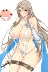 Rule 34 | 10s, 1girl, absurdres, areola slip, armor, bare shoulders, bikini armor, blue scarf, blush, breasts, brown hair, cleavage, closed mouth, collarbone, cowboy shot, curvy, earrings, female pubic hair, gauntlets, granblue fantasy, highres, hikareru2000, holding, holding sword, holding weapon, huge breasts, jewelry, katalina (granblue fantasy), large breasts, long hair, looking at viewer, navel, pubic hair, purple eyes, rihito akane, scarf, silver hair, slingshot swimsuit, solo, stomach, strap gap, swimsuit, sword, thick thighs, thigh strap, thighs, very long hair, weapon, white background, wide hips