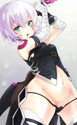 Rule 34 | 1girl, bandages, bare shoulders, black gloves, dagger, dual wielding, elbow gloves, fate/apocrypha, fate/grand order, fate (series), fingerless gloves, gloves, green eyes, highres, holding, holding dagger, holding knife, holding weapon, jack the ripper (fate/apocrypha), knife, navel, purple hair, raxxx25 3, scar, scar across eye, short hair, single glove, solo, tattoo, thighhighs, weapon