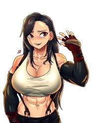 Rule 34 | 1girl, abs, black hair, blush, breasts, brown eyes, earrings, elbow gloves, final fantasy, final fantasy vii, fingerless gloves, gloves, highres, jewelry, large breasts, long hair, looking to the side, muscular, muscular female, open mouth, solo, sparkeyjinjin, suspenders, tifa lockhart, waving