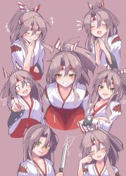 Rule 34 | 1girl, 702 (naotsu), absurdres, brown eyes, brown hair, crazy eyes, expressions, hachimaki, hair down, headband, highres, japanese clothes, kantai collection, kimono, kitchen knife, laughing, long hair, multiple views, pointing, ponytail, smile, smug, tears, wide sleeves, wiping tears, zuihou (kancolle)