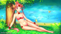 Rule 34 | 1girl, :o, bare shoulders, barefoot, bikini, bishoujo senshi sailor moon, blush, bow, bracelet, breasts, breasts apart, bug, burbur, butterfly, cerecere (sailor moon), choker, day, feet, grass, hair bow, hair bun, hair ribbon, hair rings, insect, jewelry, long hair, looking at viewer, multiple hair bows, nature, open mouth, outdoors, pink bikini, pink eyes, pink hair, red eyes, ribbon, scenery, single hair bun, sitting, small breasts, solo, swimsuit, toes, tree, twintails, under tree, water, yellow bow