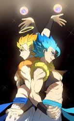 Rule 34 | 2boys, abs, arm at side, arm up, attack, back-to-back, blonde hair, blue eyes, blue hair, commentary, dark background, dragon ball, dragon ball super, dragon ball super broly, dragonball z, dual persona, energy ball, english commentary, fingernails, glowing, gogeta, green eyes, libeuo (liveolivel), light particles, looking away, multiple boys, muscular, outstretched arm, pants, parted lips, profile, shaded face, smile, sparkle, sparkle background, spiked hair, stardust breaker, super saiyan, super saiyan 1, super saiyan blue, topless male, waistcoat, white pants, wristband