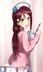 Rule 34 | 10s, 1girl, :d, blush, brown hair, cardigan, clipboard, dress, hair between eyes, hair ornament, half updo, hat, holding, holding pen, long hair, long sleeves, looking at viewer, looking back, love live!, love live! school idol festival, love live! sunshine!!, low-tied long hair, nurse cap, open mouth, pen, pink sweater, pleated dress, sakurauchi riko, shiimai, short dress, smile, solo, standing, sweater, white dress, yellow eyes