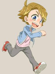 Rule 34 | 1boy, aged down, black pants, blonde hair, blue eyes, blue jacket, blush, child, clenched hand, collar, eyebrows, eyelashes, frown, grey background, hand up, happy, highres, jacket, male focus, open mouth, pants, pink shirt, ray (yakusoku no neverland), running, shiny skin, shirt, shoes, simple background, smile, sneakers, solo, solo focus, spiked hair, star-shaped pupils, star (symbol), symbol-shaped pupils, teeth, tjugemu, tongue, yakusoku no neverland