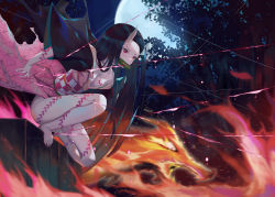Rule 34 | 1girl, barefoot, black hair, blurry, blurry background, bow, breasts, cleavage, collarbone, fire, floating hair, forest, full body, full moon, gradient hair, hair bow, highres, horns, japanese clothes, kamado nezuko, kimetsu no yaiba, kimono, long hair, moon, multicolored hair, nature, nekobell, night, no panties, open clothes, open kimono, orange hair, outdoors, pink kimono, red eyes, single horn, small breasts, solo, spoilers, squatting, very long hair, white bow