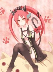 Rule 34 | 1girl, bad id, bad nicoseiga id, blush, breasts, cat, cat tail, cleavage, cosmic break, mecha musume, mialy, red eyes, red hair, revealing clothes, ribbon, solo, stuffed toy, tail, twintails, usagurumi