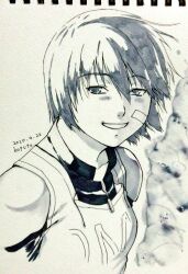 Rule 34 | 1girl, arc the lad, arc the lad iii, bandage on face, bandages, cheryl (arc the lad), collarbone, dated, greyscale, koputo (shizukuaoi2012), looking at viewer, monochrome, short hair, smile, solo, traditional media