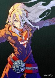 Rule 34 | 1boy, breath of fire, breath of fire iv, closed mouth, collarbone, covered collarbone, fou-lu, hair between eyes, highres, horns, long hair, looking at viewer, male focus, nanpou (nanpou0021), pointy ears, red horns, simple background, solo, tight clothes, white hair