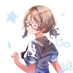Rule 34 | 1girl, absurdres, brown hair, closed eyes, glasses, grin, hair ornament, hair scrunchie, highres, kuntze, looking at viewer, love live!, love live! sunshine!!, parted lips, red-framed eyewear, school uniform, scrunchie, short hair, short sleeves, simple background, smile, solo, teeth, upper body, watanabe you, white background