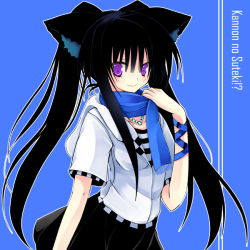 Rule 34 | 1girl, animal ears, arm at side, belt, black skirt, blue background, blush, buckle, cat ears, cowboy shot, gem, jewelry, kannon ouji, looking at viewer, necklace, pendant, scarf, shirt, short sleeves, sidelocks, simple background, skirt, smile, solo, twintails, white shirt, wristband