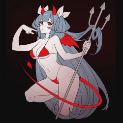 Rule 34 | 1girl, @ @, absurdres, arm up, bare legs, bikini, blue hair, bow, breasts, cleavage, curvy, demon girl, demon horns, demon tail, demon wings, dizzy (guilty gear), guilty gear, hair bow, hair ribbon, halloween, highres, horns, kuangren k, large breasts, long hair, looking at viewer, navel, pointing, pointing at self, polearm, red bikini, ribbon, stomach, swimsuit, tail, thighs, trident, weapon, wings, yellow ribbon