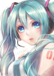 Rule 34 | 1girl, aqua hair, arm tattoo, artist name, blue eyes, dated, from side, hair between eyes, hatsune miku, headset, lma, long hair, md5 mismatch, parted lips, resolution mismatch, simple background, solo, source smaller, tattoo, twintails, upper body, vocaloid, white background