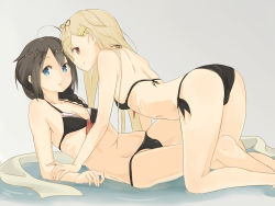 Rule 34 | 10s, 2girls, :&lt;, adapted costume, all fours, alternate costume, ass, bare legs, bare shoulders, bikini, black bikini, black hair, blonde hair, blue eyes, braid, breasts, front-tie top, hair flaps, hair ornament, hair over shoulder, hair ribbon, hairclip, harada itsumi, kantai collection, looking at viewer, lying, multiple girls, red eyes, ribbon, shigure (kancolle), small breasts, smile, swimsuit, yuri, yuudachi (kancolle)