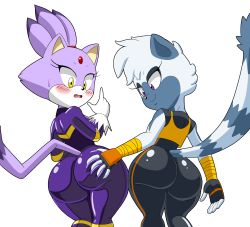 Rule 34 | 2girls, absurdres, ass, ass grab, blaze the cat, blush, bodysuit, deep skin, fang, fingerless gloves, forehead jewel, from behind, furry, gloves, highres, huge ass, long hair, looking down, multiple girls, open mouth, ponytail, purple eyes, sega, shiny clothes, short hair, skin tight, smile, sonic (series), tail, tangle the lemur, tansau, yellow eyes