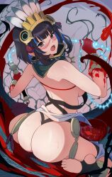 Rule 34 | 1girl, absurdres, ass, back, bare shoulders, black hair, blood, blood on hands, blue hair, blush, bracer, breasts, colored inner hair, detached collar, facepaint, fate/grand order, fate (series), feathers, grey eyes, halterneck, headdress, high collar, highres, huge ass, kiso (wjnomcuzqmdjcql), looking at viewer, looking back, medium breasts, multicolored hair, open mouth, revision, sash, short hair, sideboob, sidelocks, sitting, solo, stirrup legwear, tassel, tenochtitlan (fate), tenochtitlan (first ascension) (fate), tentacles, thighs, toeless legwear, wariza, whip, wide hips