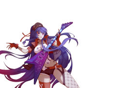 Rule 34 | 1girl, :d, absurdres, asymmetrical legwear, beret, black hat, black jacket, black shorts, elbow gloves, fishnet legwear, fishnets, gloves, guitar, hat, highres, holding, holding instrument, honkai (series), honkai impact 3rd, instrument, jacket, long hair, mismatched legwear, open clothes, open jacket, open mouth, partially fingerless gloves, ponytail, purple eyes, purple hair, raiden mei, raiden mei (shadow dash), red gloves, red legwear, shirt, short sleeves, shorts, simple background, smile, solo, very long hair, white background, white shirt, xionghan de guangtou
