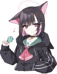 Rule 34 | 1girl, animal collar, animal ears, bad link, black hair, blue archive, cat ears, cat girl, collar, collared shirt, colored inner hair, crumbs, eating, food, food on face, hair ornament, hairpin, halo, hands in pockets, heart, highres, holding, holding food, hood, hoodie, jacket, kazusa (blue archive), long sleeves, macaron, medium hair, multicolored hair, pink hair, pink halo, rrprrp, shirt, solo, upper body