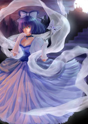 Rule 34 | 1girl, absurdres, adapted costume, alternate costume, aqua eyes, bad id, bad pixiv id, blue hair, bow, breasts, castle, choker, cleavage, dress, evening gown, female focus, formal, full moon, gloves, hair bow, hair rings, highres, kaku seiga, lips, luobo1220, mask, moon, shawl, solo, stairs, touhou