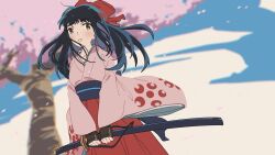 1girl black_hair blush bow brown_eyes cherry_blossoms fingerless_gloves gloves hair_ribbon highres japanese_clothes legs long_hair long_skirt parted_lips ponytail red_bow ribbon sakura_taisen sega shinguuji_sakura skirt solo sword thighs weapon