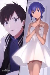 Rule 34 | 1boy, 1girl, black eyes, black hair, camisole, collarbone, cowboy shot, dark skin, fate/prototype, fate/prototype: fragments of blue and silver, fate (series), hair between eyes, hand on own chest, hassan of serenity (fate), head tilt, highres, light, looking at viewer, nakahara (mu tation), novel illustration, official art, purple eyes, purple hair, sweat, white camisole