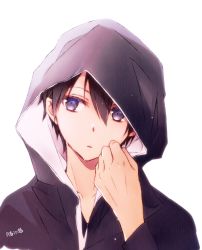 Rule 34 | 1boy, black hair, black jacket, commentary request, grey eyes, hair between eyes, hand up, head tilt, highres, hood, hood up, hooded jacket, jacket, kirito, male focus, parted lips, signature, simple background, solo, sword art online, tsukimori usako, upper body, white background