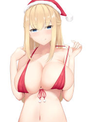 Rule 34 | 1girl, :q, absurdres, bikini, blonde hair, blue eyes, breasts, christmas, cleavage, hat, highres, kanata (kanade pa), large breasts, long hair, looking at viewer, navel, original, red bikini, santa hat, simple background, solo, swimsuit, tongue, tongue out, white background