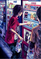 Rule 34 | 2boys, bad id, bad pixiv id, bag, blouse, can, coca-cola, collared shirt, convenience store, drink, drink can, helloagain, highres, layered sleeves, long sleeves, male focus, multiple boys, open clothes, open shirt, original, product placement, red shirt, shirt, shop, shopping bag, short over long sleeves, short sleeves, soda can, standing, vending machine, white shirt