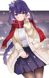 Rule 34 | 1girl, blunt bangs, blush, braid, braiding hair, coat, genshin impact, hair ornament, hairdressing, long hair, looking at viewer, low-braided long hair, low-tied long hair, nail polish, open clothes, open coat, outstretched hand, pantyhose, parted lips, pleated skirt, purple eyes, purple hair, purple nails, purple skirt, raiden shogun, red scarf, ribbed sweater, ry thae, scarf, skirt, smile, snow, snowing, solo, sweater, white sweater, winter clothes