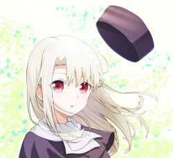 Rule 34 | 1girl, azami masurao, capelet, fate/stay night, fate (series), floating hair, hair between eyes, hair intakes, highres, illyasviel von einzbern, long hair, looking at viewer, open mouth, portrait, purple capelet, red eyes, silver hair, solo, white background