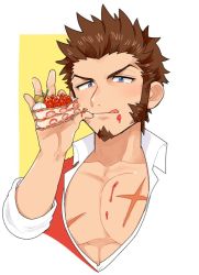 Rule 34 | 1boy, bad id, bad twitter id, bare pectorals, bite mark, blue eyes, blush, brown hair, cake, cropped torso, cross scar, facial hair, fate/grand order, fate (series), food, food on body, food on face, goatee, hand up, holding, holding cake, holding food, large pectorals, licking lips, long sideburns, looking at viewer, male focus, muscular, nantaimori, napoleon bonaparte (fate), navel, partially unbuttoned, pectoral cleavage, pectorals, scar, scar on chest, shitappa, short hair, sideburns, solo, strawberry shortcake, tongue, tongue out