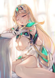 Rule 34 | 1girl, armor, backlighting, blonde hair, blush, breasts, chest jewel, cleavage cutout, clothing cutout, dress, earrings, elbow gloves, gem, gloves, hanging breasts, headpiece, inoue takuya (tactactak), jewelry, large breasts, long hair, looking at viewer, mythra (xenoblade), nintendo, one eye closed, open mouth, short dress, shoulder armor, sitting, solo, swept bangs, thigh strap, thighs, tiara, wariza, white dress, white gloves, xenoblade chronicles (series), xenoblade chronicles 2, yellow eyes