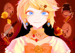 Rule 34 | 1girl, aku no musume (vocaloid), blonde hair, blue eyes, bottle, bow, brooch, capelet, crying, curtains, detached collar, earrings, evillious nendaiki, flower, flower ornament, food, four mirrors of lucifenia, hair ornament, hairclip, highres, jewelry, kagamine rin, knife, looking at viewer, painting (object), pastry, portrait (object), riliane lucifen d&#039;autriche, rose, sen-san, smile, solo, swept bangs, vessel of sin, vocaloid