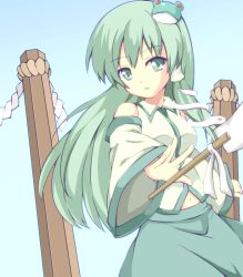 Rule 34 | 1girl, bare shoulders, breasts, clenched hand, collared shirt, commentary request, cowboy shot, cycloneyukari, d:, detached sleeves, frog hair ornament, gohei, gradient background, green background, green eyes, green hair, green skirt, hair ornament, hair tubes, kochiya sanae, large breasts, long hair, looking at viewer, navel, onbashira, oonusa, open hand, open mouth, rope, shimenawa, shirt, skirt, snake hair ornament, solo, standing, touhou, white shirt, wide sleeves