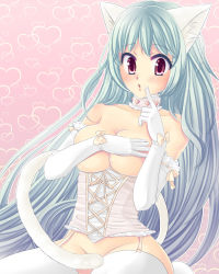 Rule 34 | 1girl, animal ears, bad id, bad pixiv id, bow, cat ears, cat girl, cat tail, cherry peachcat, collar, corset, covering privates, covering breasts, elbow gloves, garter belt, garter straps, gloves, long hair, original, pastel colors, pink background, simple background, solo, tail, thighhighs, very long hair, white thighhighs