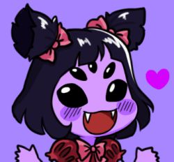 Rule 34 | 1girl, arthropod girl, bad id, bad pixiv id, black eyes, black hair, blush, blush stickers, bow, chibi, colored skin, extra eyes, fangs, gyate gyate, hair bow, heart, insect girl, lowres, monster, monster girl, muffet, open mouth, portrait, puffy sleeves, purple background, purple skin, purple theme, short twintails, simple background, smile, solo, spider girl, twintails, two side up, undertale, upper body, yaruky